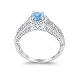 Vintage Style Halo Wedding Ring Simulated Aquamarine CZ 925 Sterling Silver