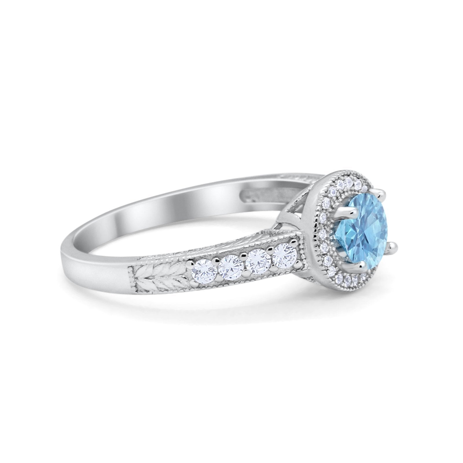 Vintage Style Halo Wedding Ring Simulated Aquamarine CZ 925 Sterling Silver