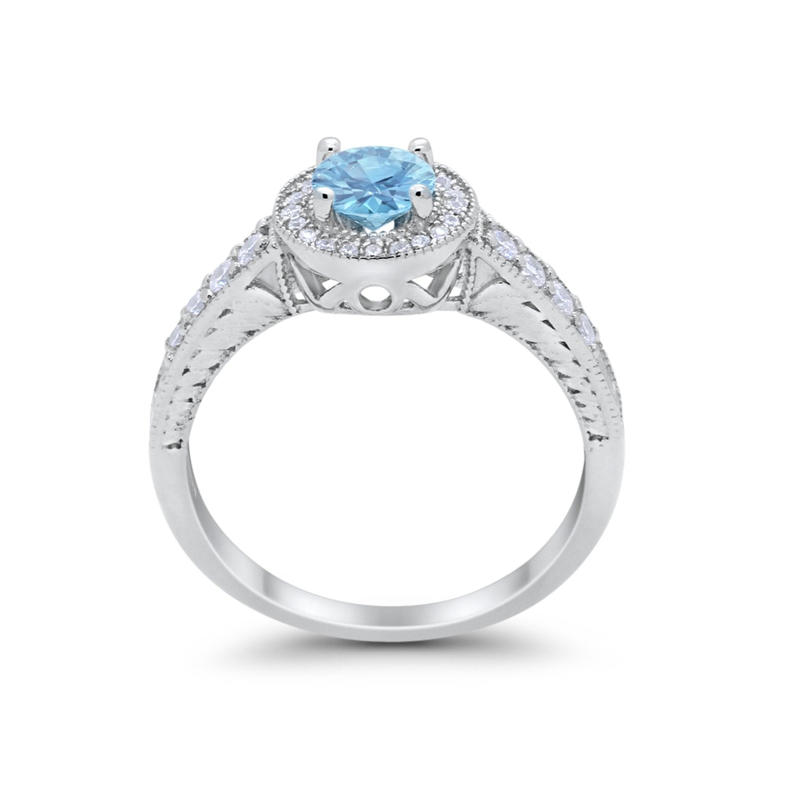 Vintage Style Halo Wedding Ring Simulated Aquamarine CZ 925 Sterling Silver