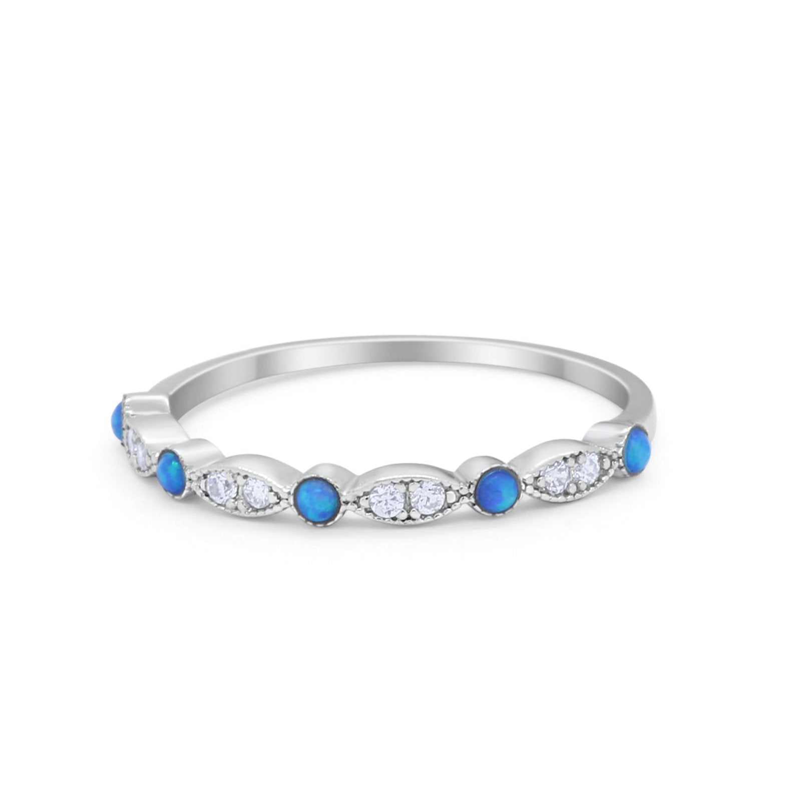 Art Deco Wedding Eternity Ring Lab Created Blue Opal 925 Sterling Silver