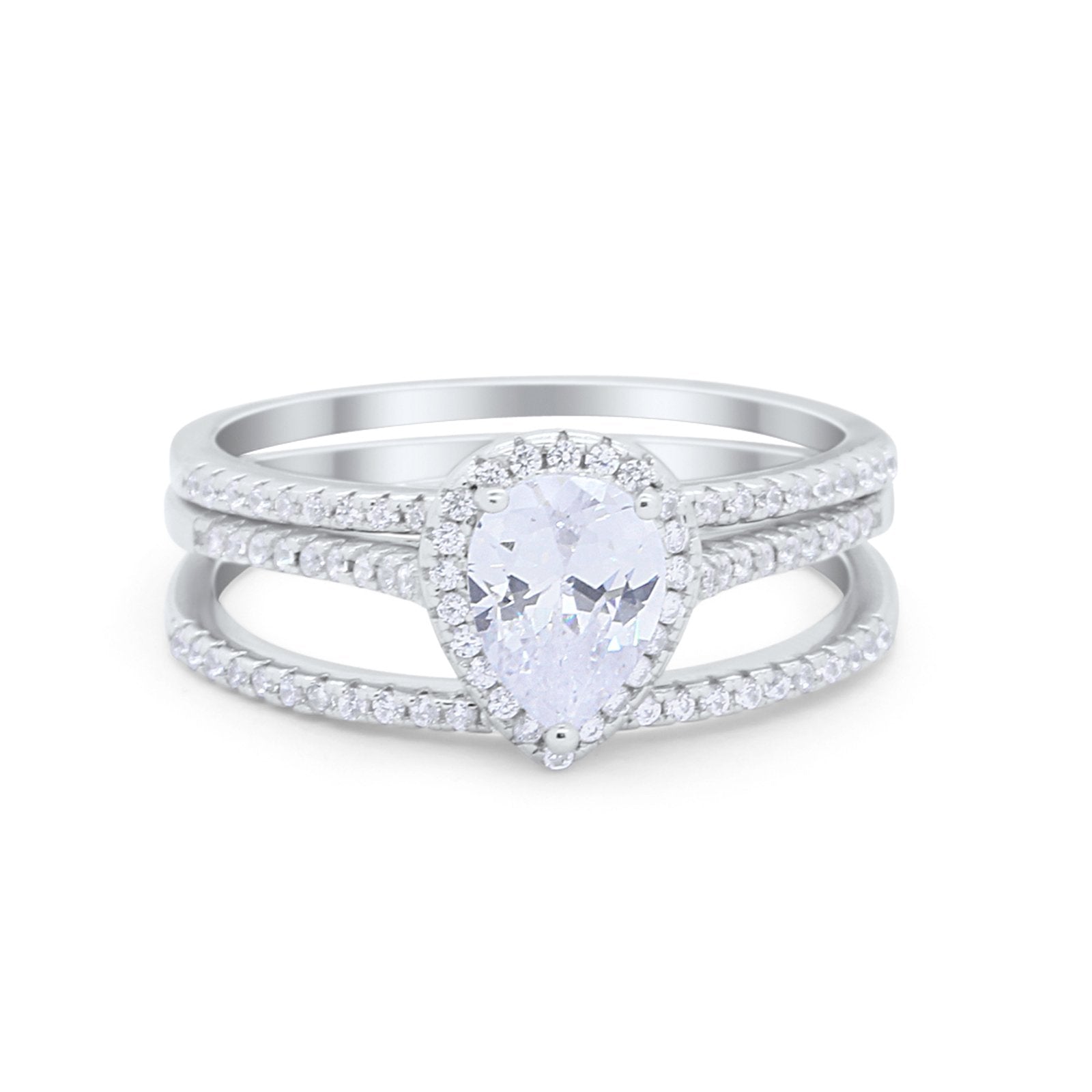Teardrop Pear Wedding Three Piece Ring Simulated Cubic Zirconia 925 Sterling Silver