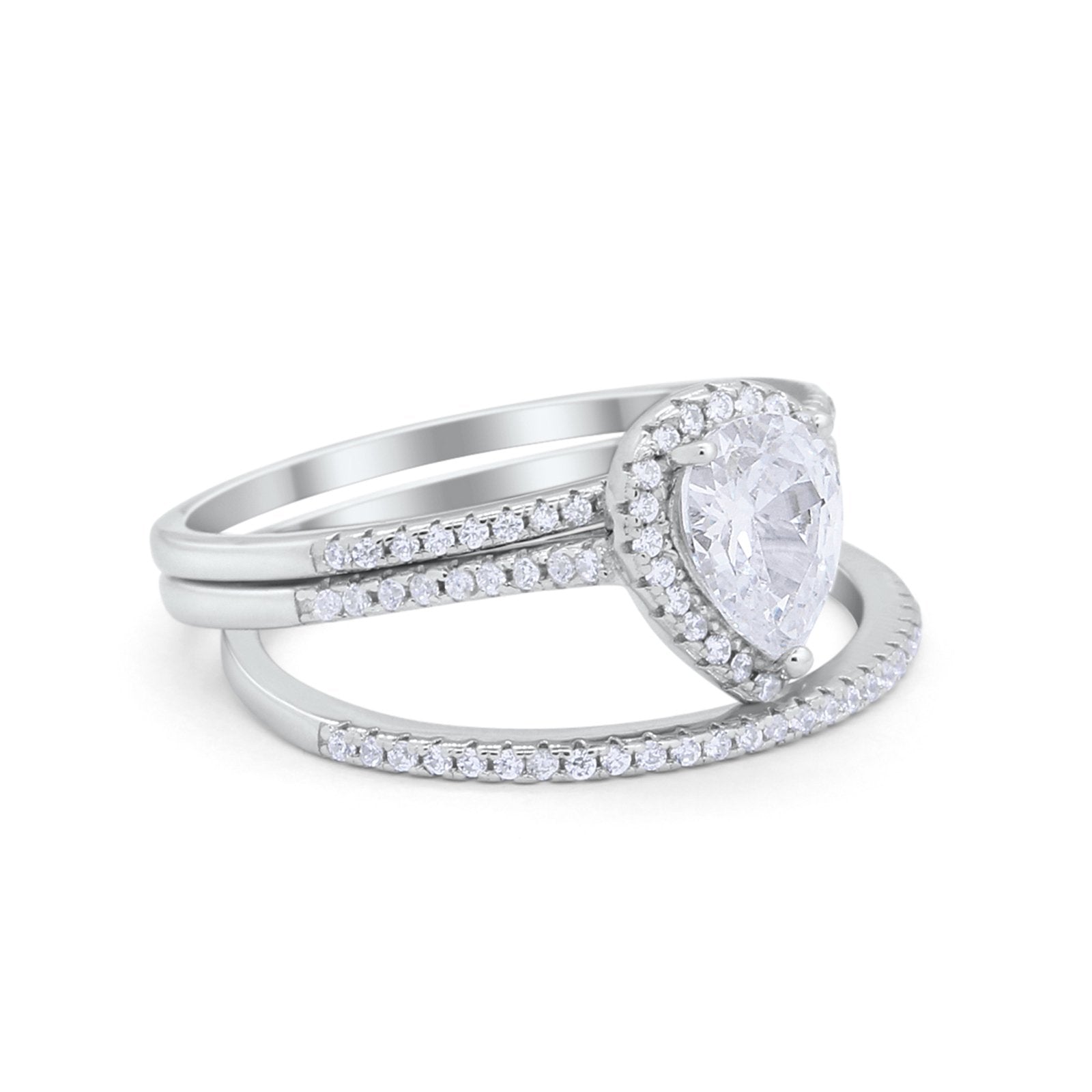 Teardrop Pear Wedding Three Piece Ring Simulated Cubic Zirconia 925 Sterling Silver