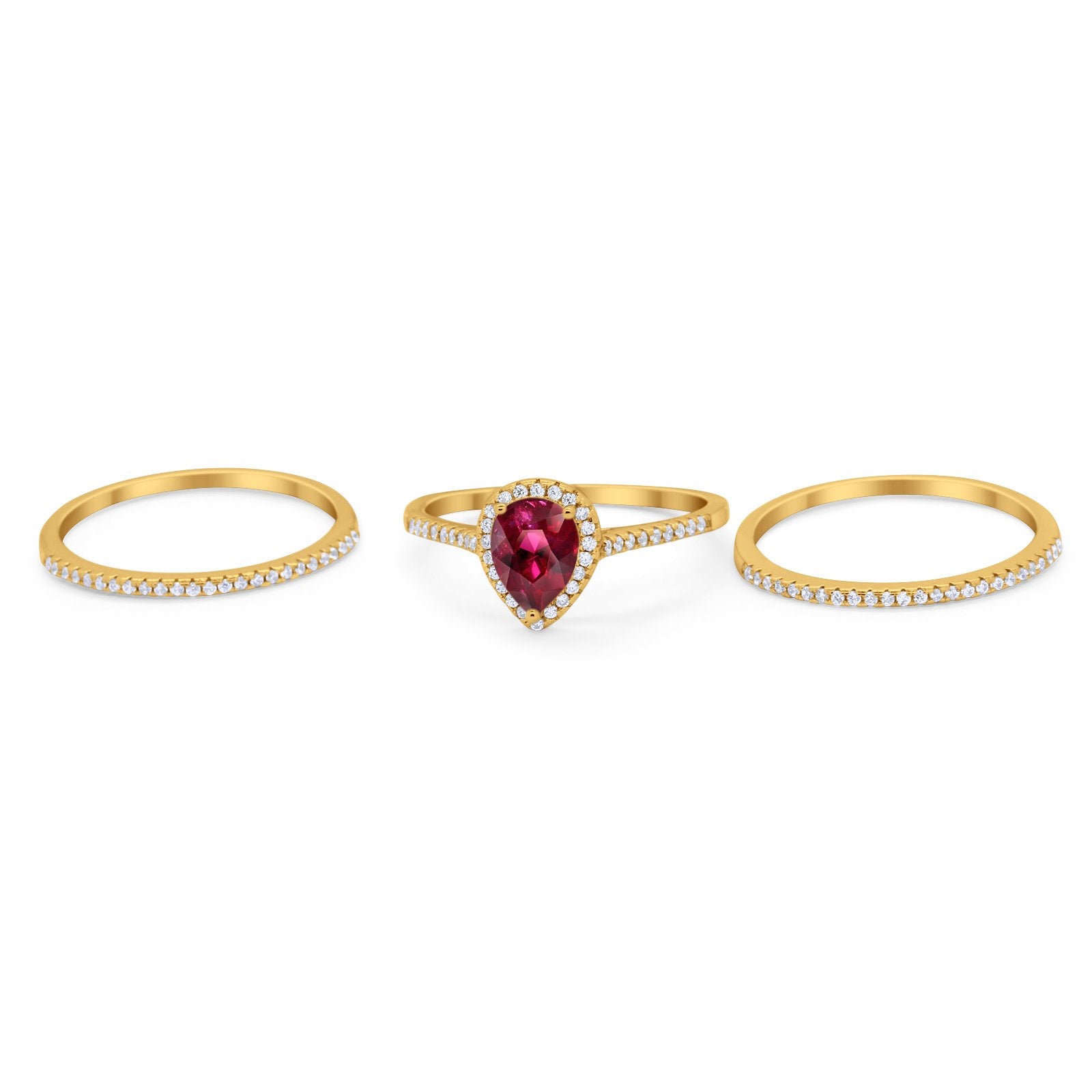 Teardrop Pear Wedding Three Piece Ring Yellow Tone, Simulated Ruby CZ 925 Sterling Silver
