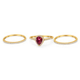 Teardrop Pear Wedding Three Piece Ring Yellow Tone, Simulated Ruby CZ 925 Sterling Silver