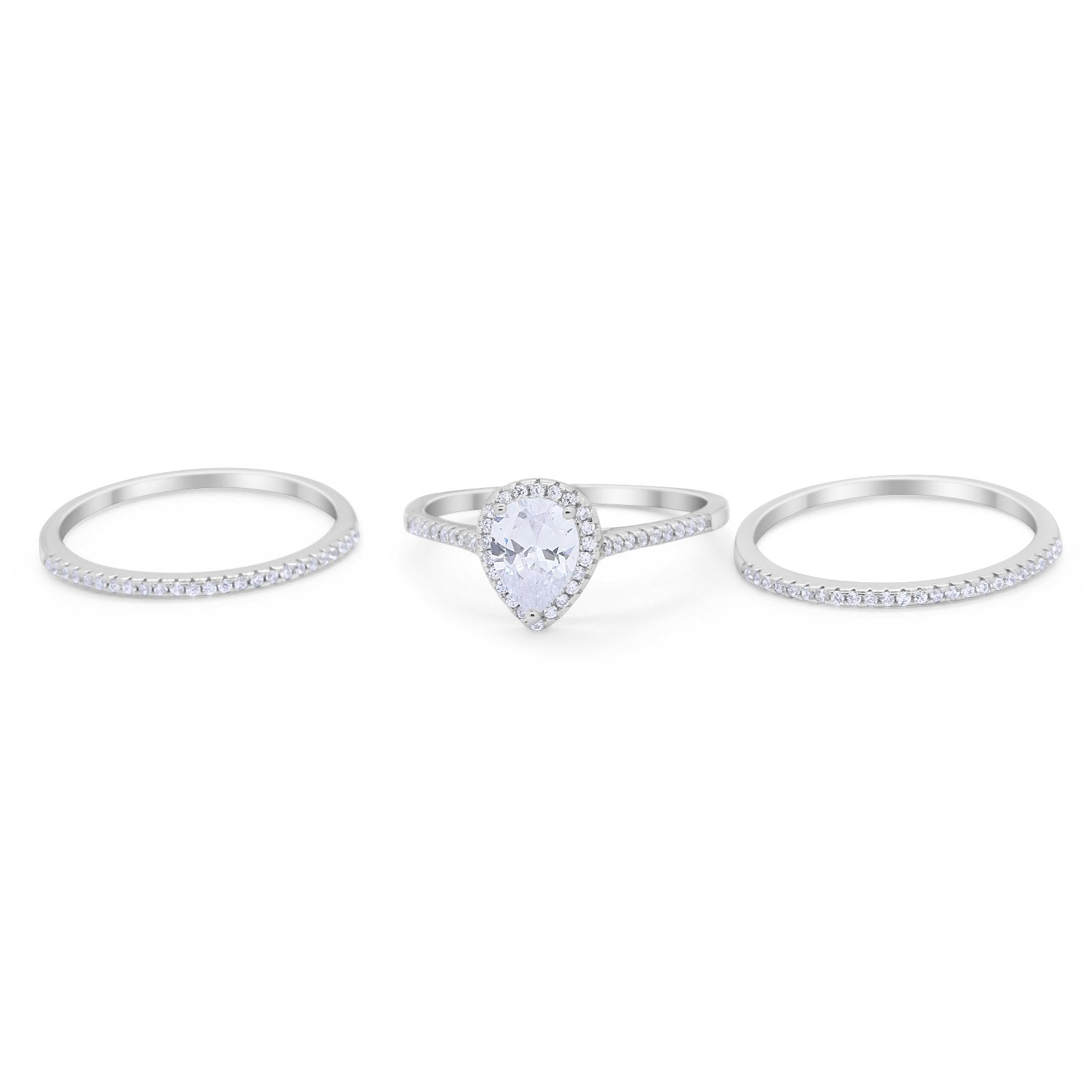 Teardrop Pear Wedding Three Piece Ring Simulated Cubic Zirconia 925 Sterling Silver