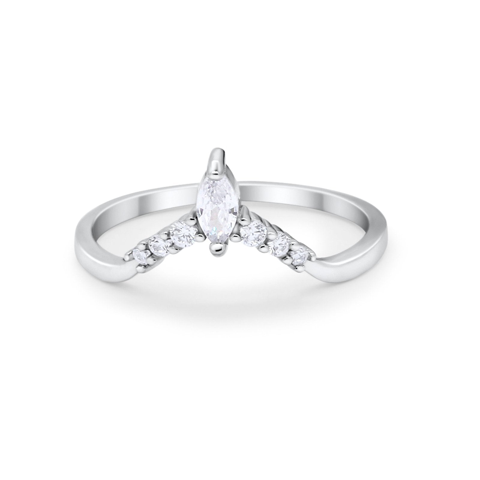 Art Deco Wedding Ring Chevron Midi Band Marquise Simulated Cubic Zirconia 925 Sterling Silver