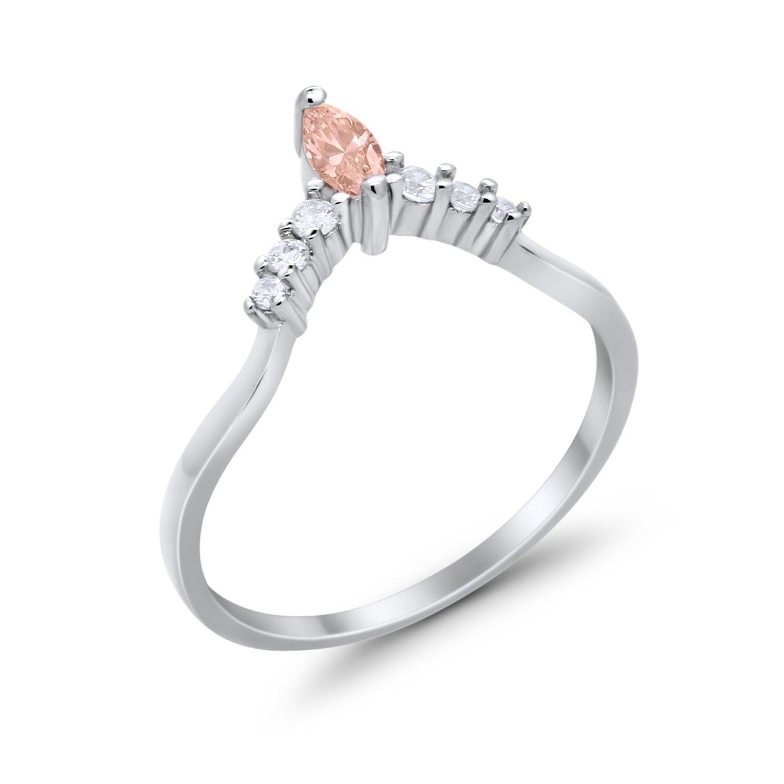 Art Deco Wedding Ring Chevron Midi Band Marquise Simulated Morganite CZ 925 Sterling Silver