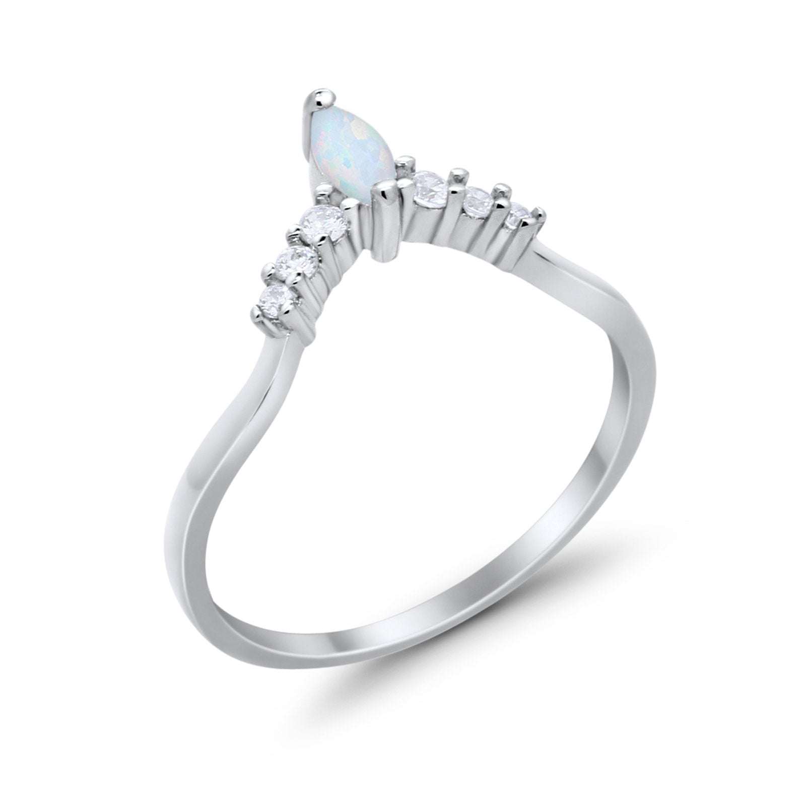 Art Deco Wedding Ring Chevron Midi Band Marquise Lab Created White Opal 925 Sterling Silver