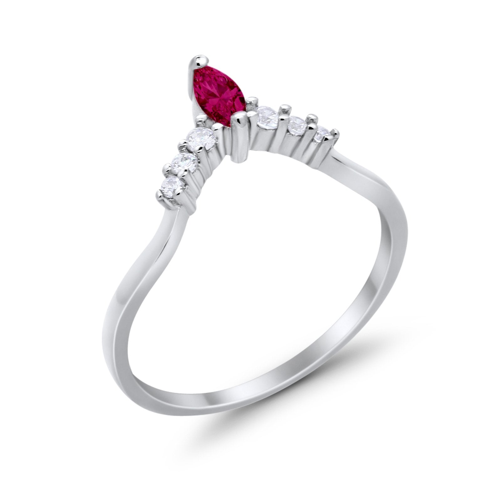 Art Deco Wedding Ring Chevron Midi Band Marquise Simulated Ruby CZ 925 Sterling Silver