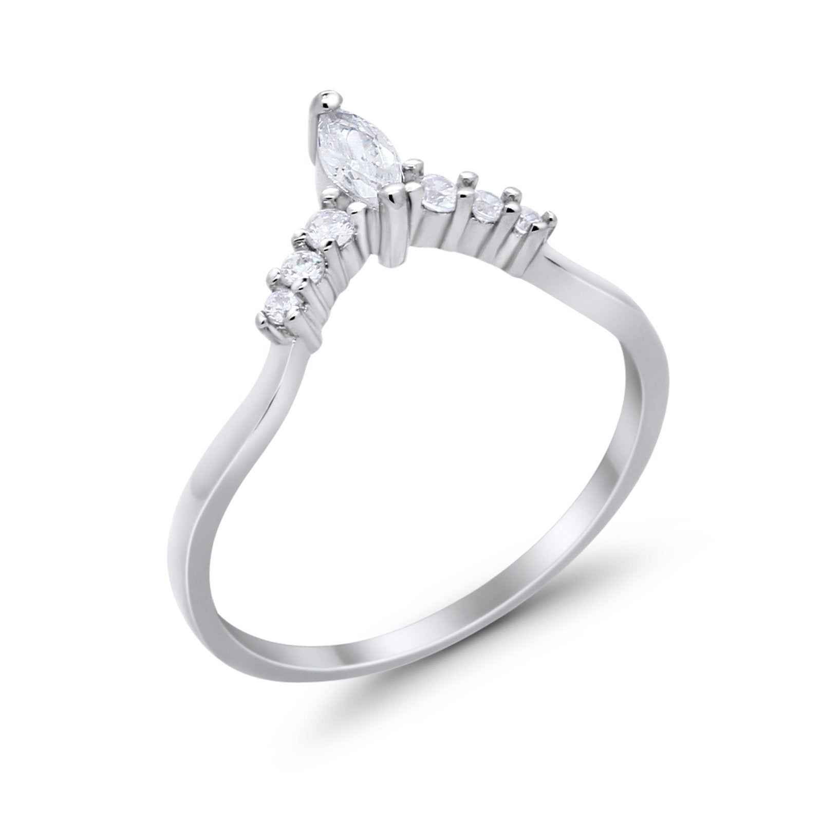 Art Deco Wedding Ring Chevron Midi Band Marquise Simulated Cubic Zirconia 925 Sterling Silver