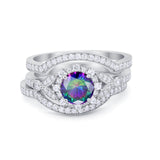 3 Piece Wedding Ring Bridal Set Round Simulated Rainbow CZ 925 Sterling Silver