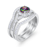 3 Piece Wedding Ring Bridal Set Round Simulated Rainbow CZ 925 Sterling Silver