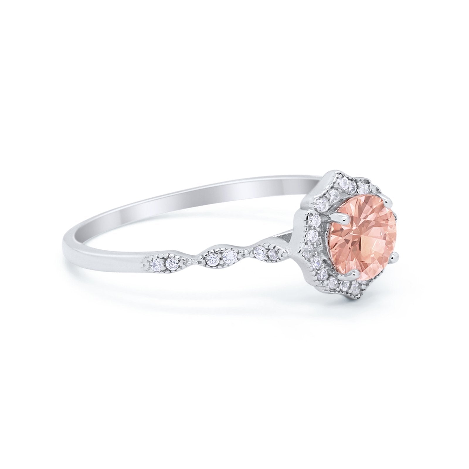 Petite Dainty Wedding Ring Round Simulated Morganite CZ 925 Sterling Silver