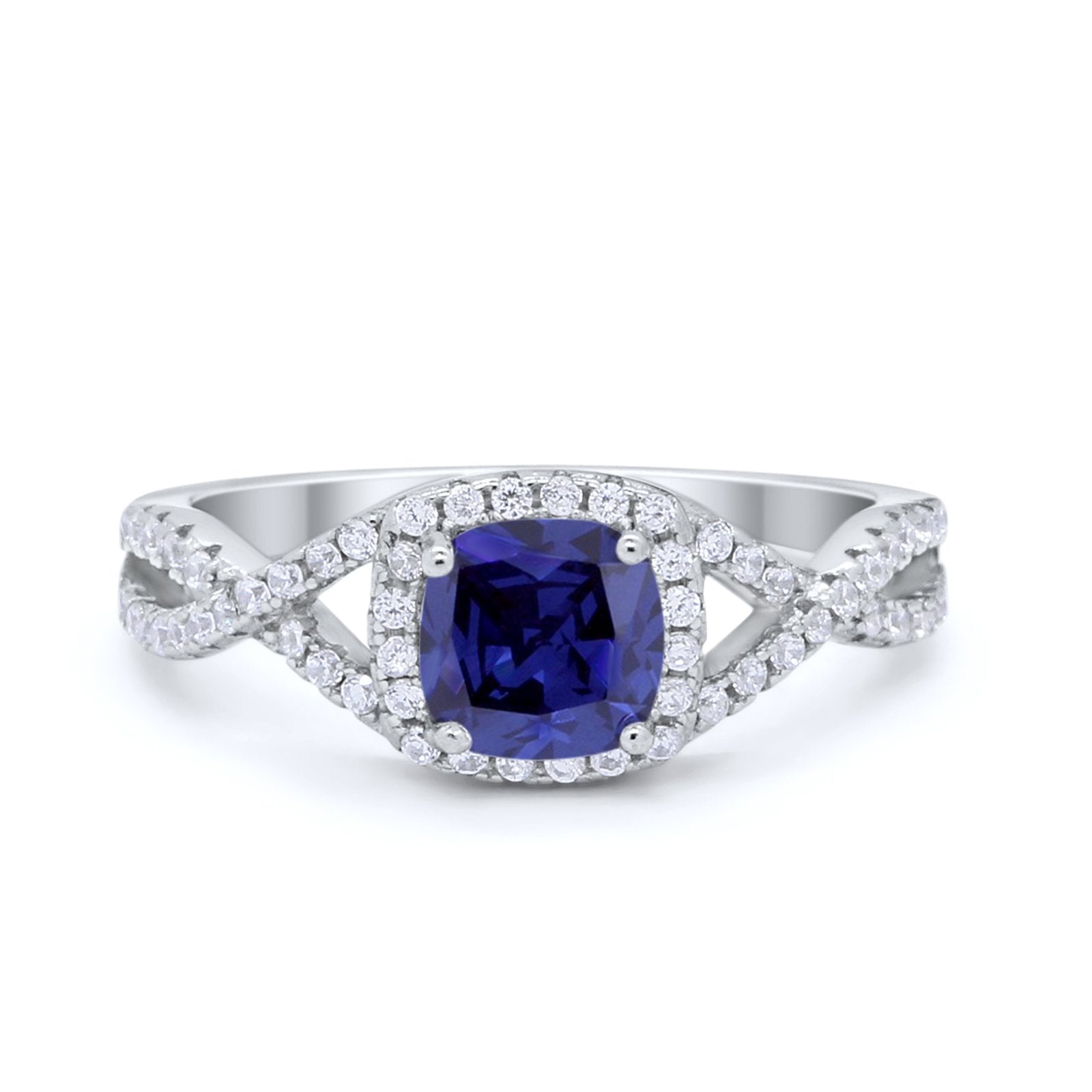 Halo Cushion Infinity Shank Wedding Ring Simulated Blue Sapphire CZ 925 Sterling Silver