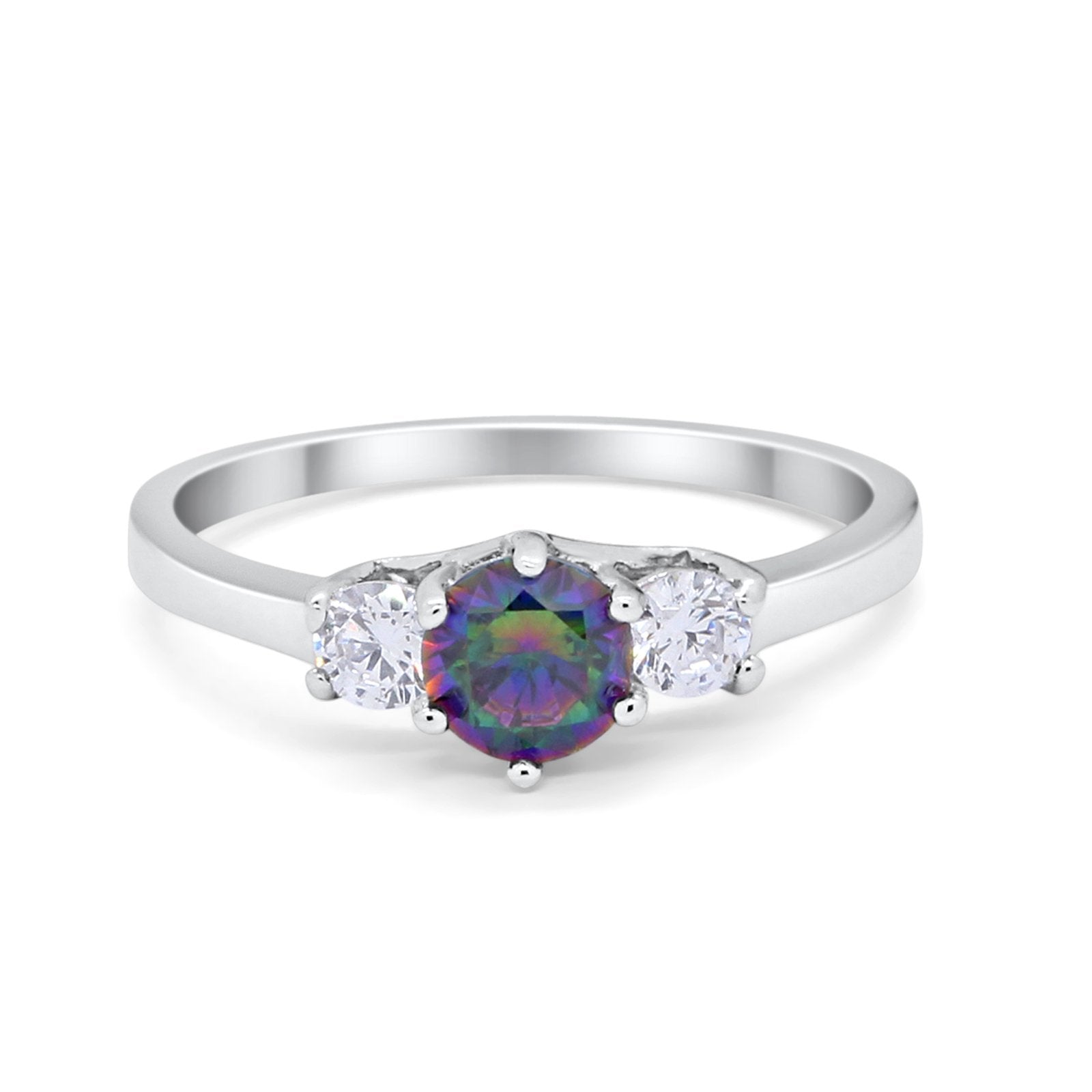 Three Stone Round Wedding Ring Simulated Rainbow CZ 925 Sterling Silver