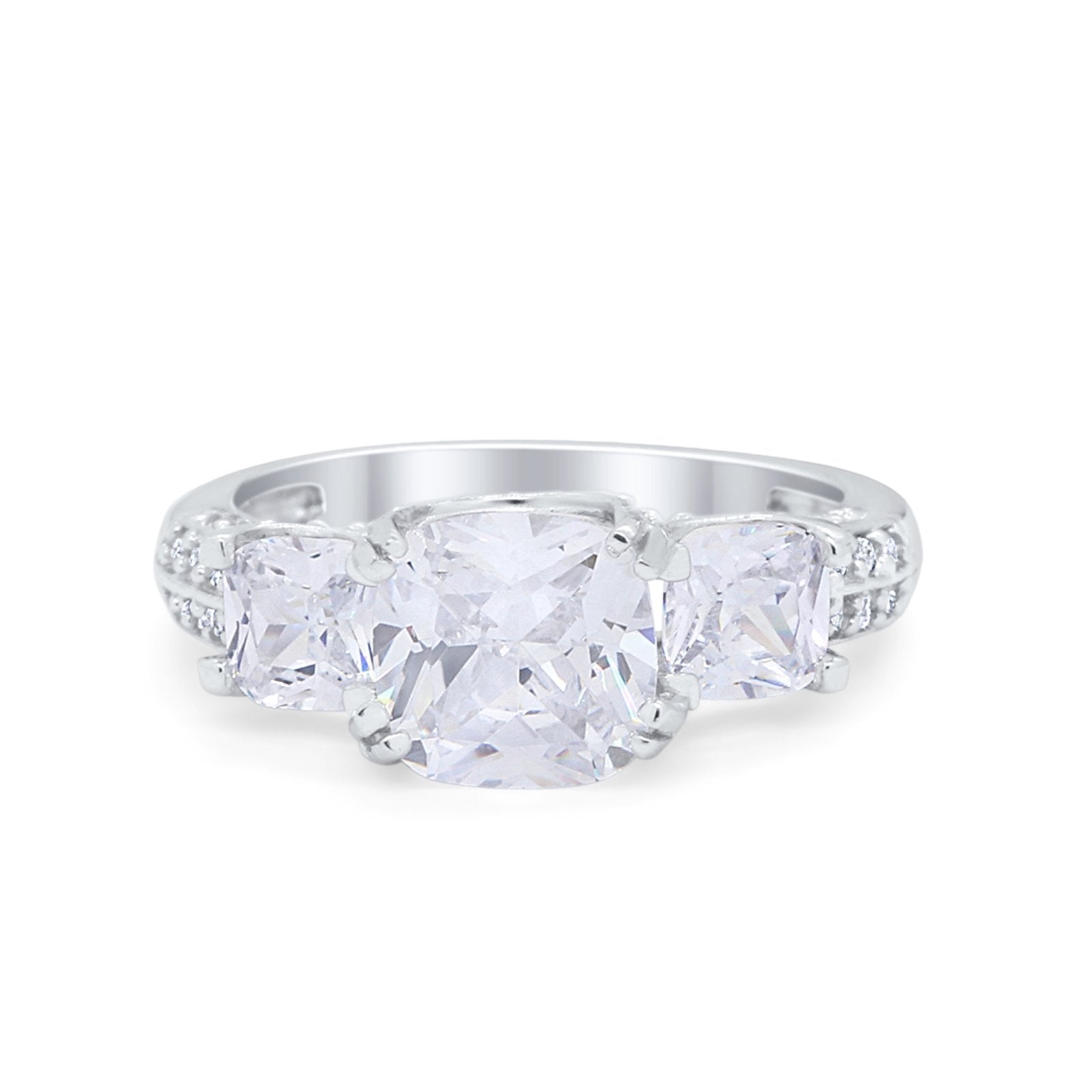 Three Stone Cushion Wedding Ring Simulated Cubic Zirconia 925 Sterling Silver