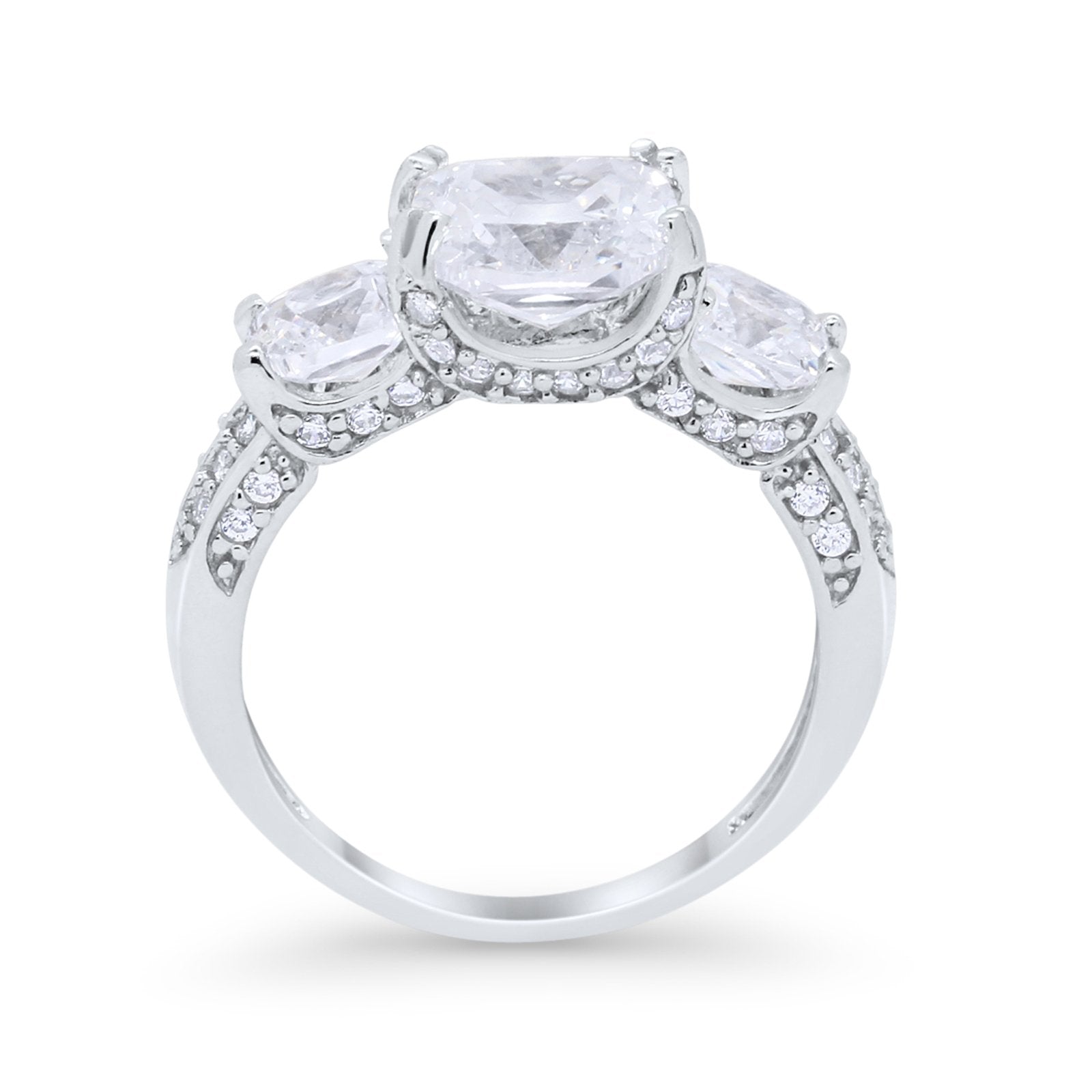 Three Stone Cushion Wedding Ring Simulated Cubic Zirconia 925 Sterling Silver
