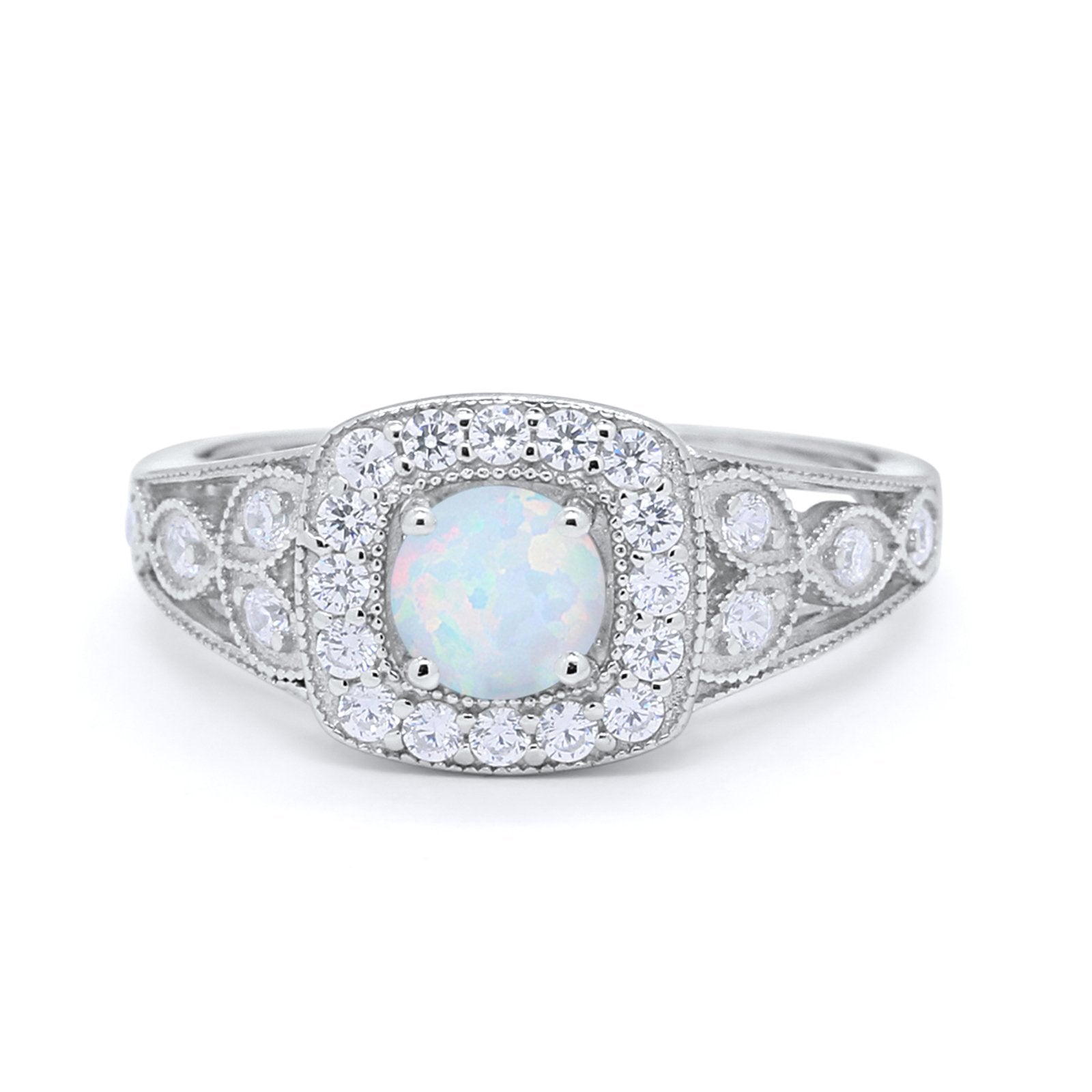 Bezel Solitaire Fashion Ring Lab Created White Opal 925 Sterling Silver