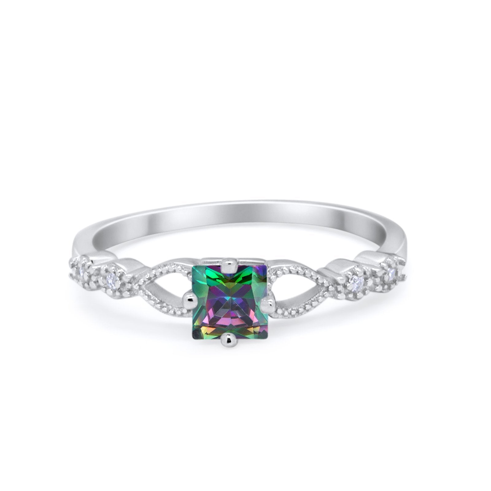 Art Deco Petite Dainty Wedding Ring Simulated Rainbow CZ 925 Sterling Silver