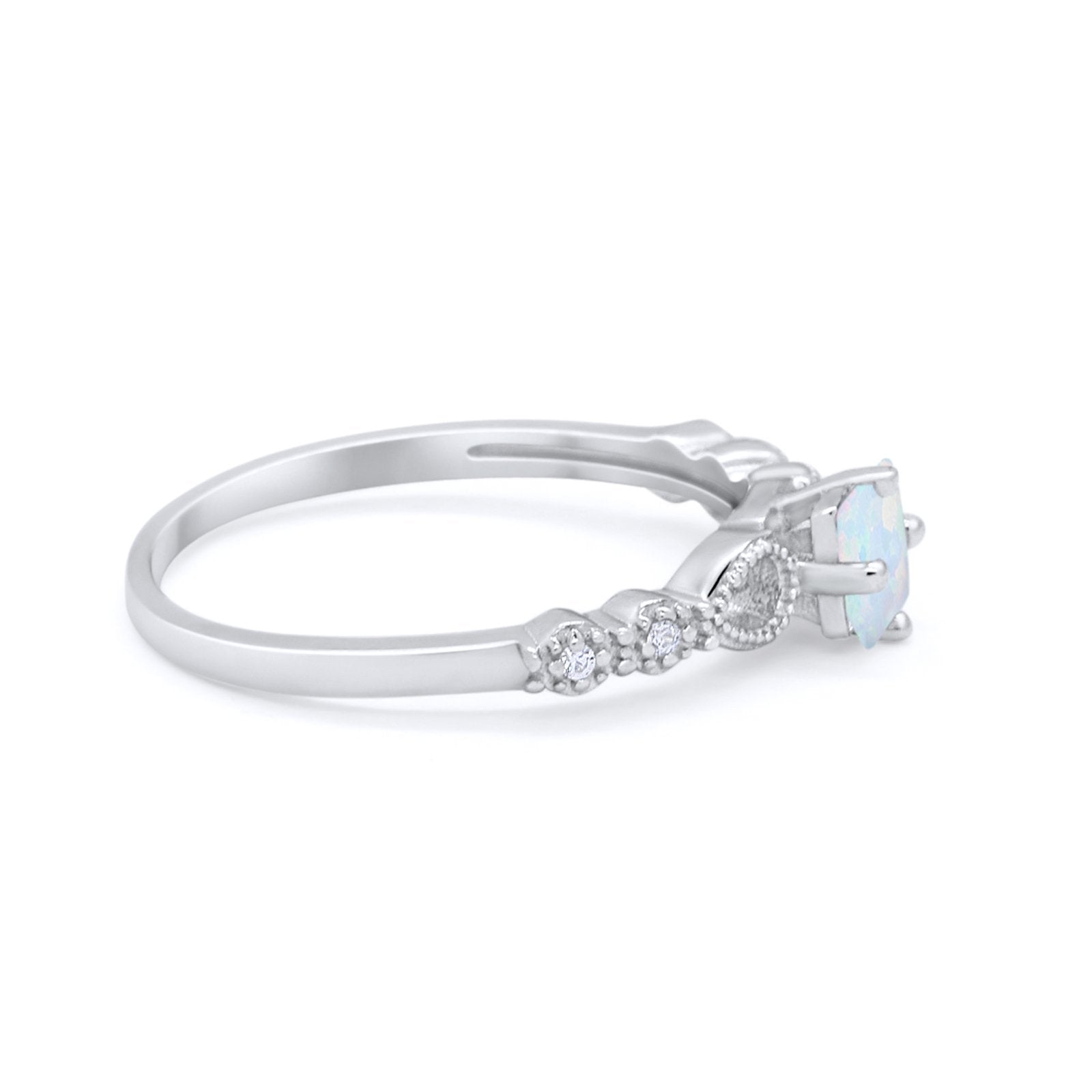 Art Deco Petite Dainty Wedding Ring Simulated CZ Created White Opal 925 Sterling Silver