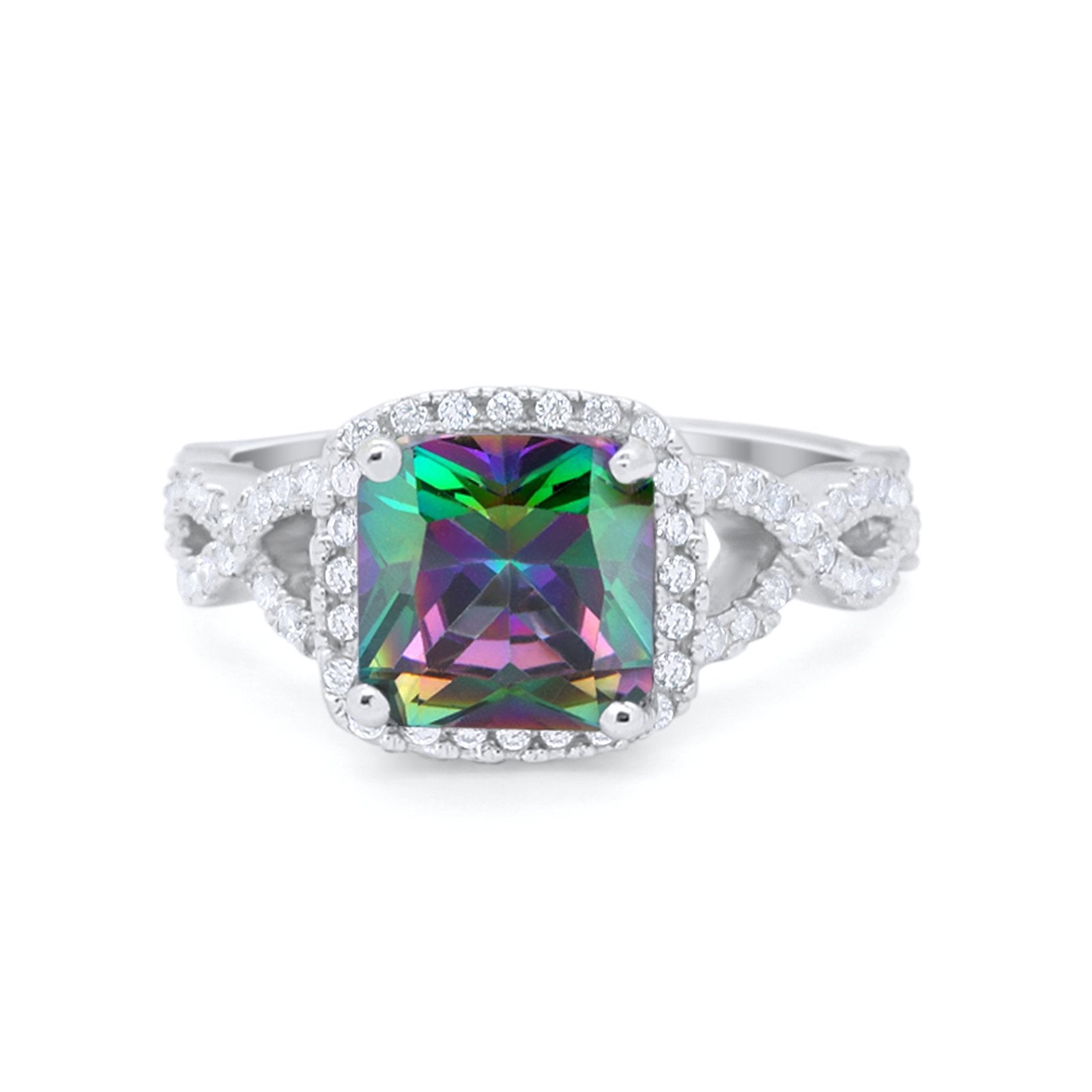 Halo Cushion Cut Wedding Ring Simulated Rainbow CZ 925 Sterling Silver