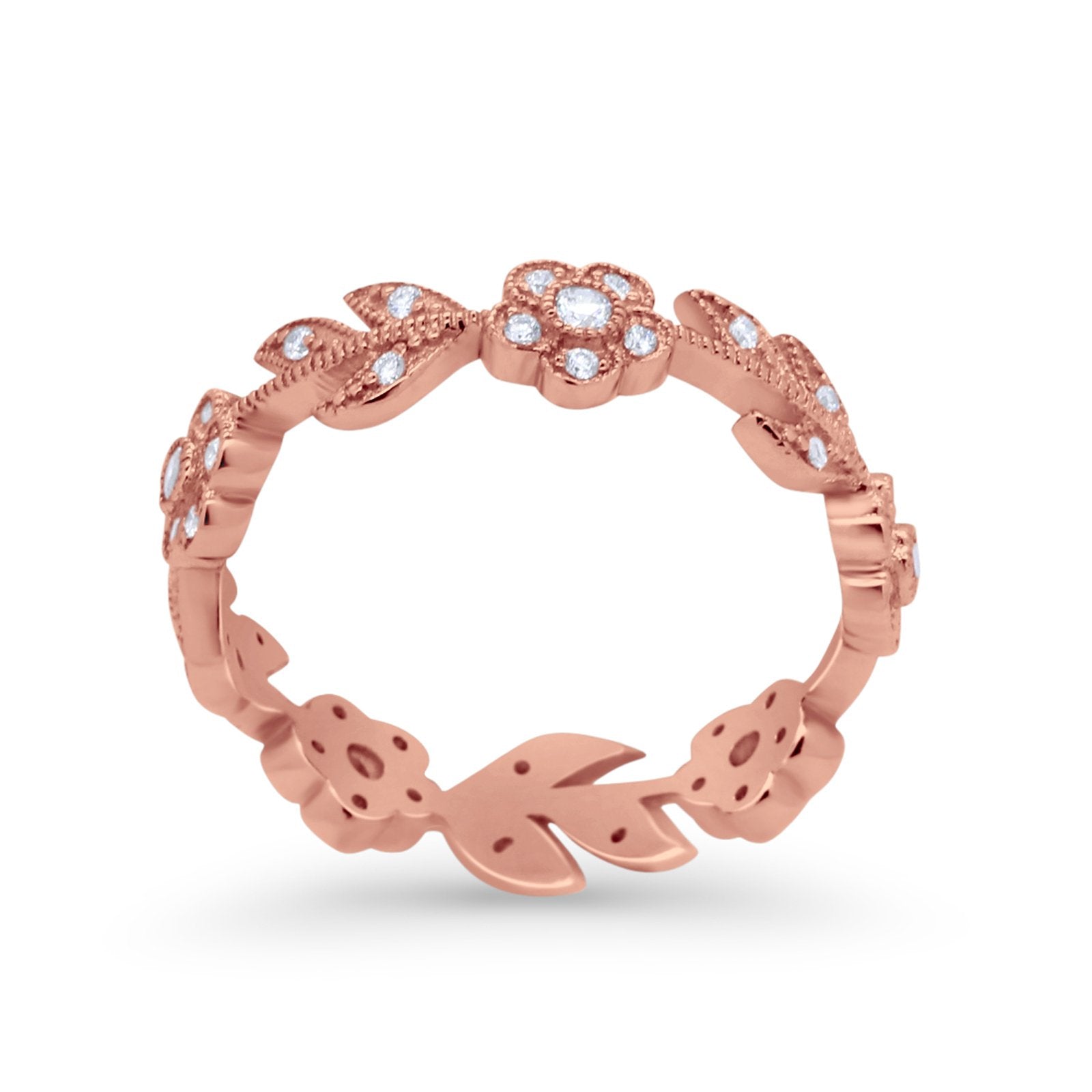 Leaf Design Ring Round Eternity Rose Tone, Simulated Cubic Zirconia 925 Sterling Silver