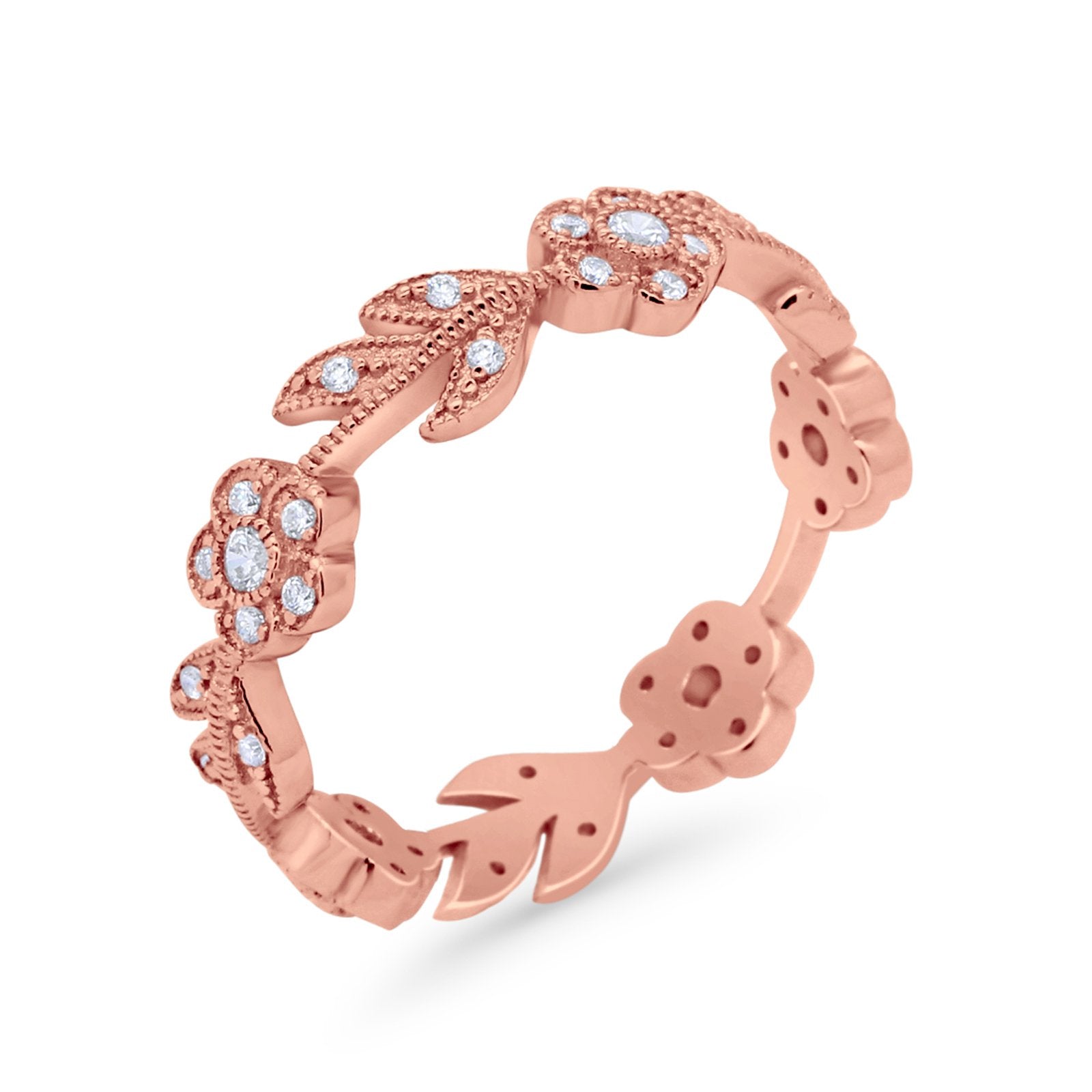 Leaf Design Ring Round Eternity Rose Tone, Simulated Cubic Zirconia 925 Sterling Silver
