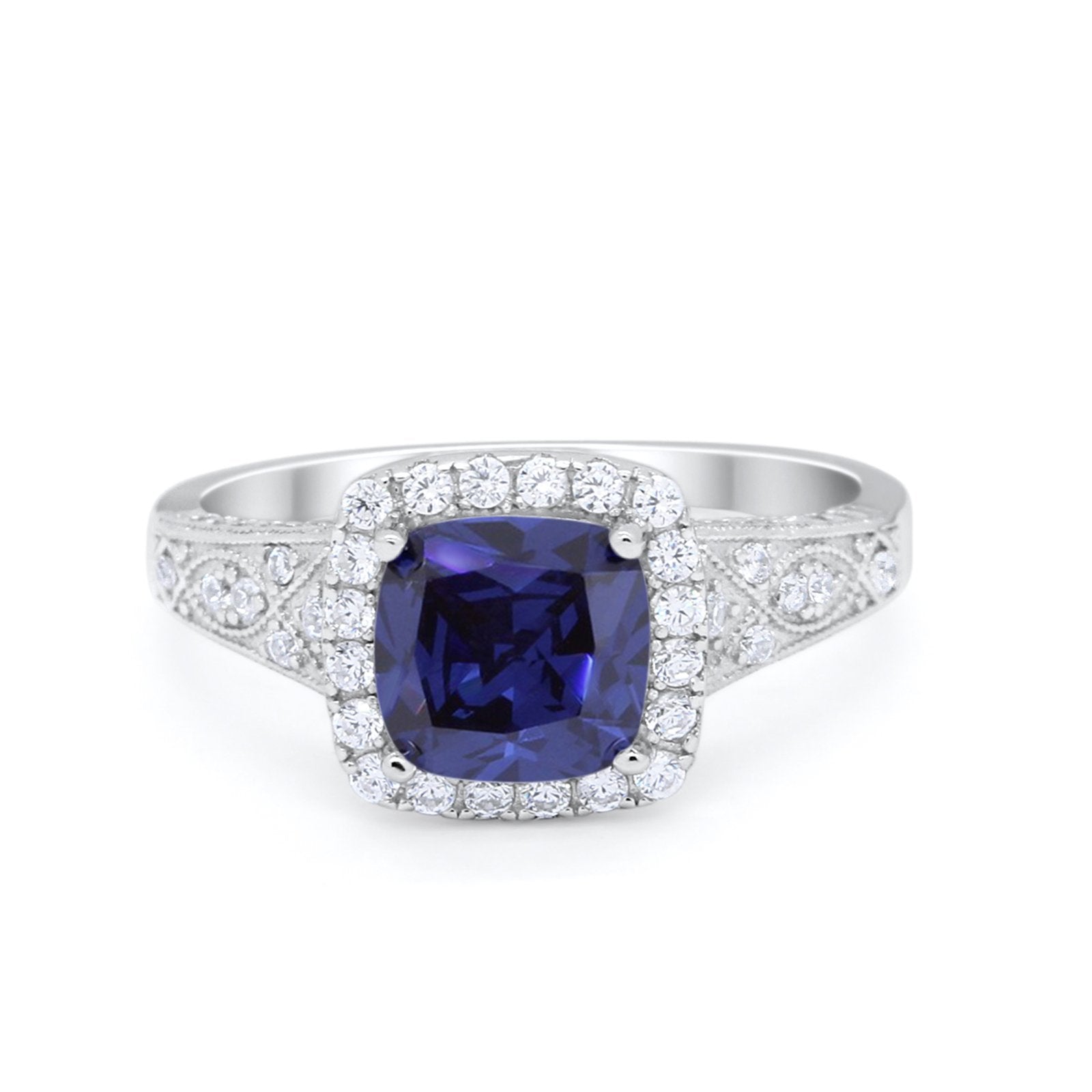 Cushion Art Deco Wedding Ring Simulated Blue Sapphire CZ 925 Sterling Silver