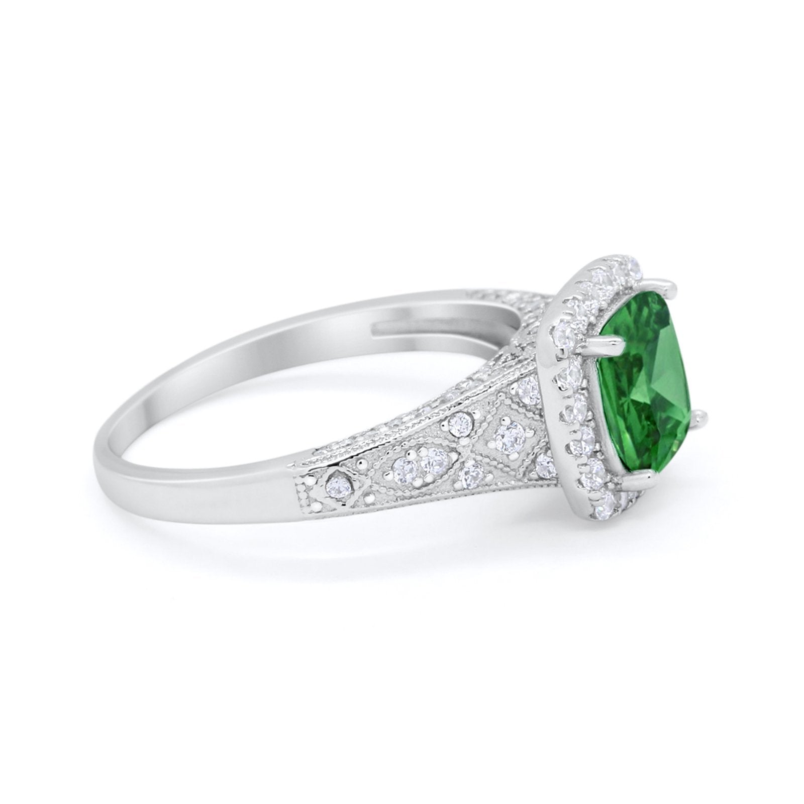 Cushion Art Deco Wedding Ring Simulated Green Emerald CZ 925 Sterling Silver