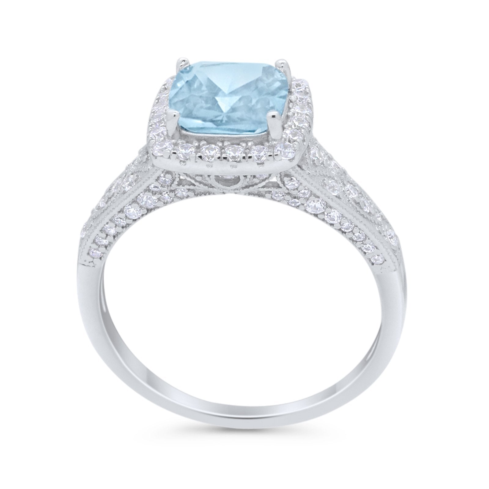 Cushion Art Deco Wedding Ring Simulated Aquamarine CZ 925 Sterling Silver