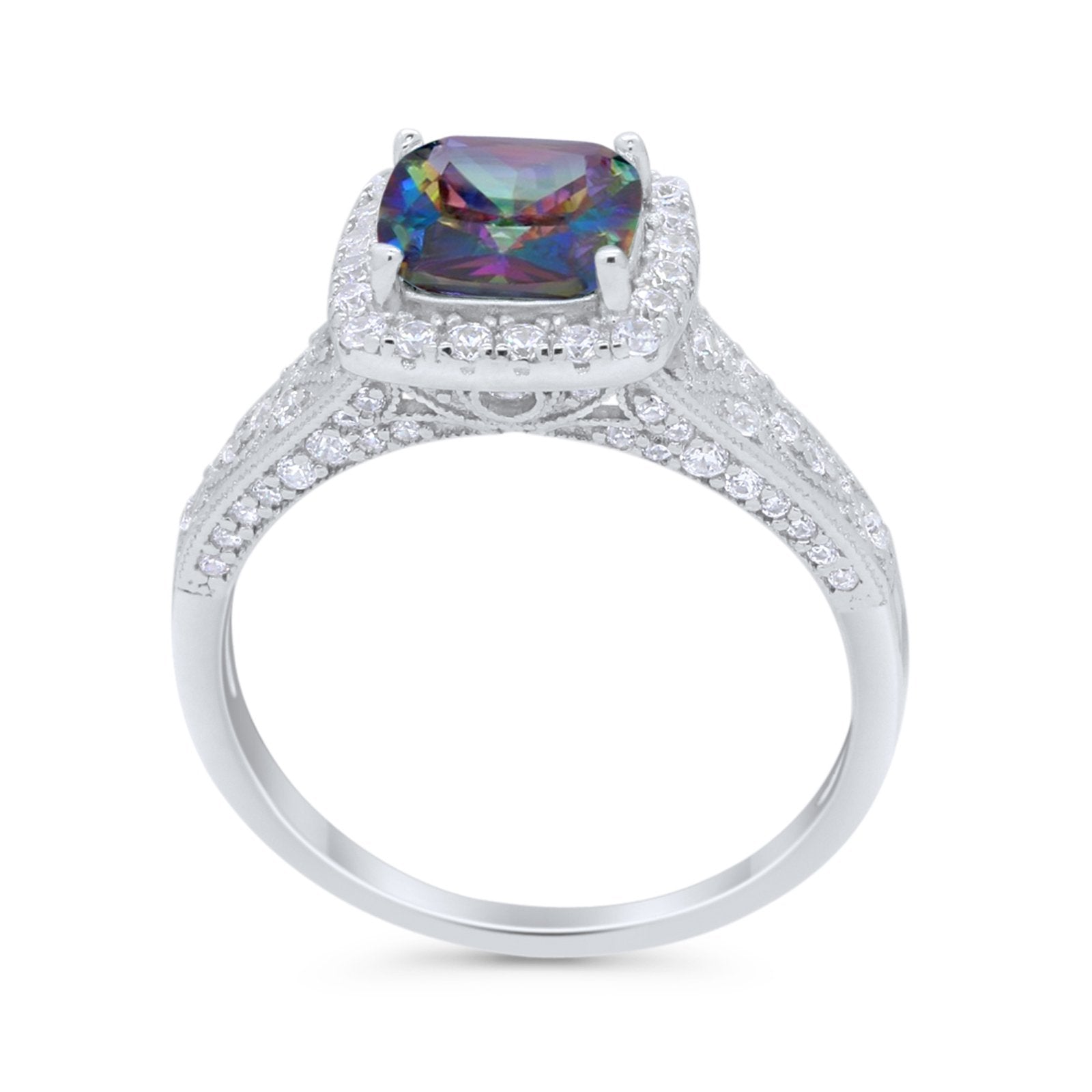 Cushion Art Deco Wedding Ring Simulated Rainbow CZ 925 Sterling Silver