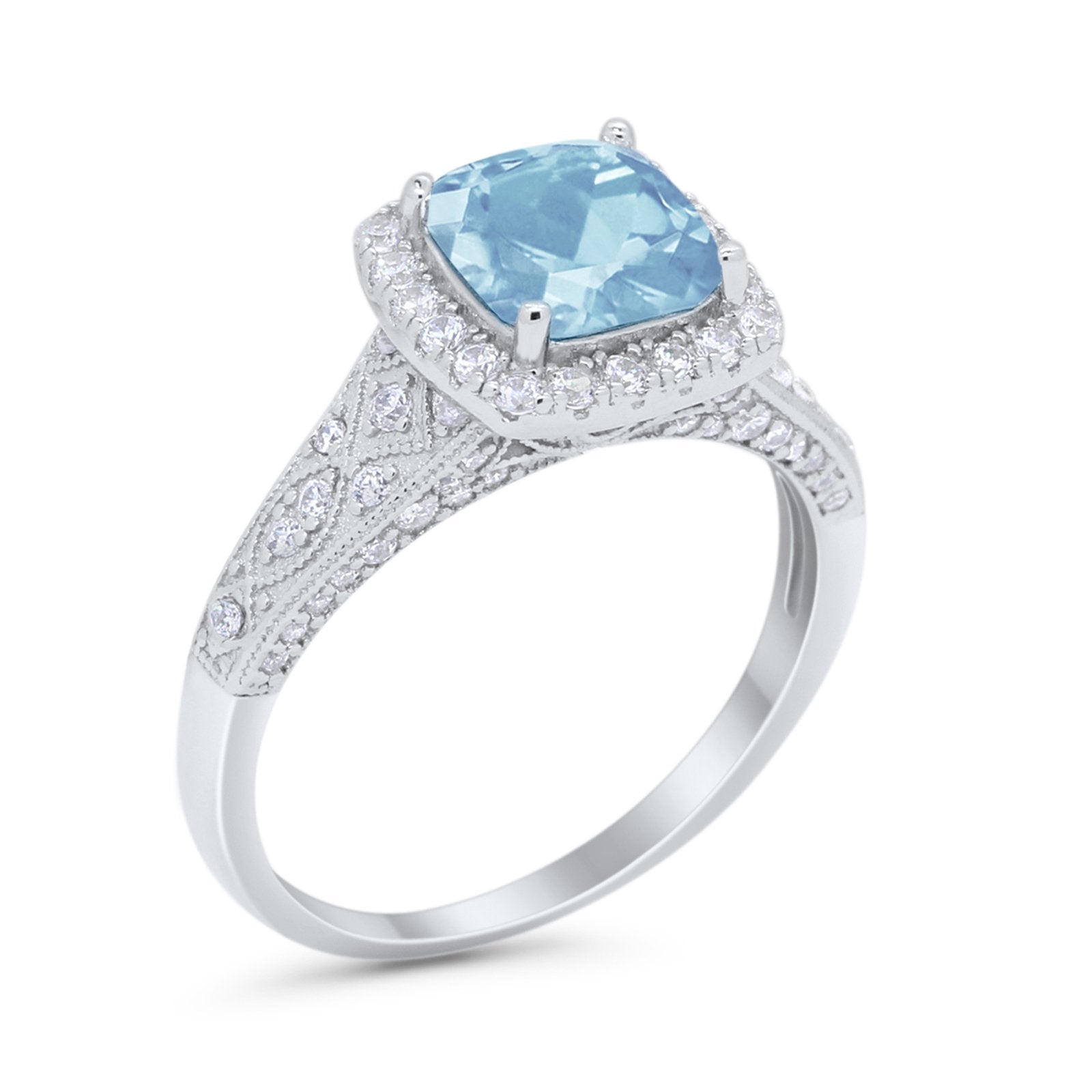 Cushion Art Deco Wedding Ring Simulated Aquamarine CZ 925 Sterling Silver