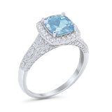 Cushion Art Deco Wedding Ring Simulated Aquamarine CZ 925 Sterling Silver
