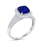 Cushion Art Deco Wedding Ring Simulated Blue Sapphire CZ 925 Sterling Silver
