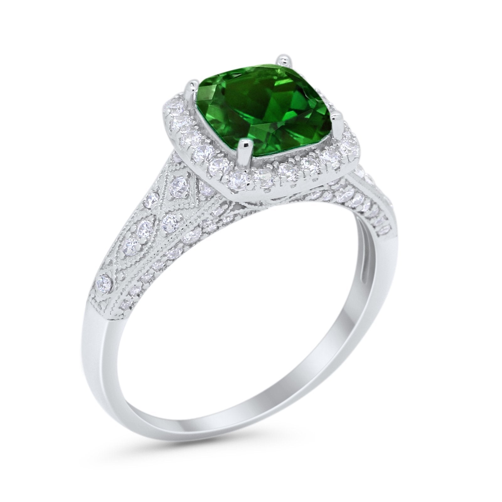 Cushion Art Deco Wedding Ring Simulated Green Emerald CZ 925 Sterling Silver