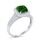 Cushion Art Deco Wedding Ring Simulated Green Emerald CZ 925 Sterling Silver