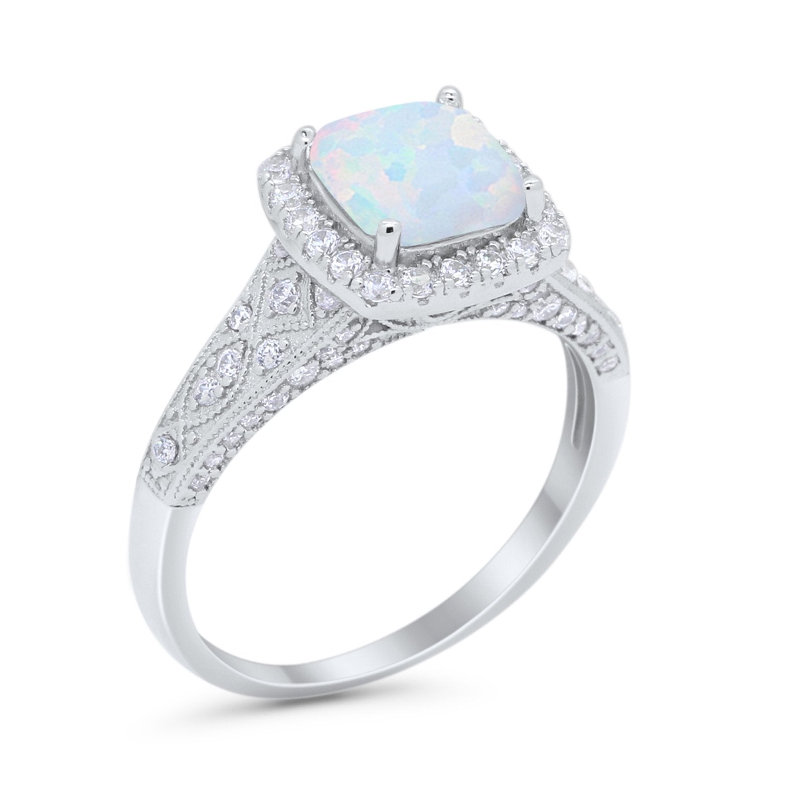 Cushion Art Deco Wedding Ring Lab Created White Opal 925 Sterling Silver