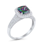 Cushion Art Deco Wedding Ring Simulated Rainbow CZ 925 Sterling Silver