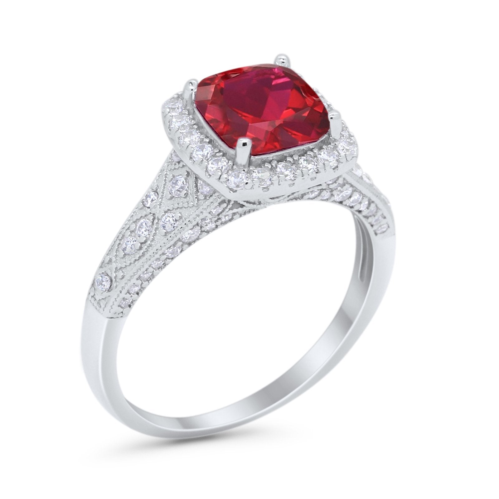 Cushion Art Deco Wedding Ring Simulated Ruby CZ 925 Sterling Silver