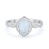 Halo Art Deco Oval Engagement Bridal Ring Lab Created White Opal 925 Sterling Silver