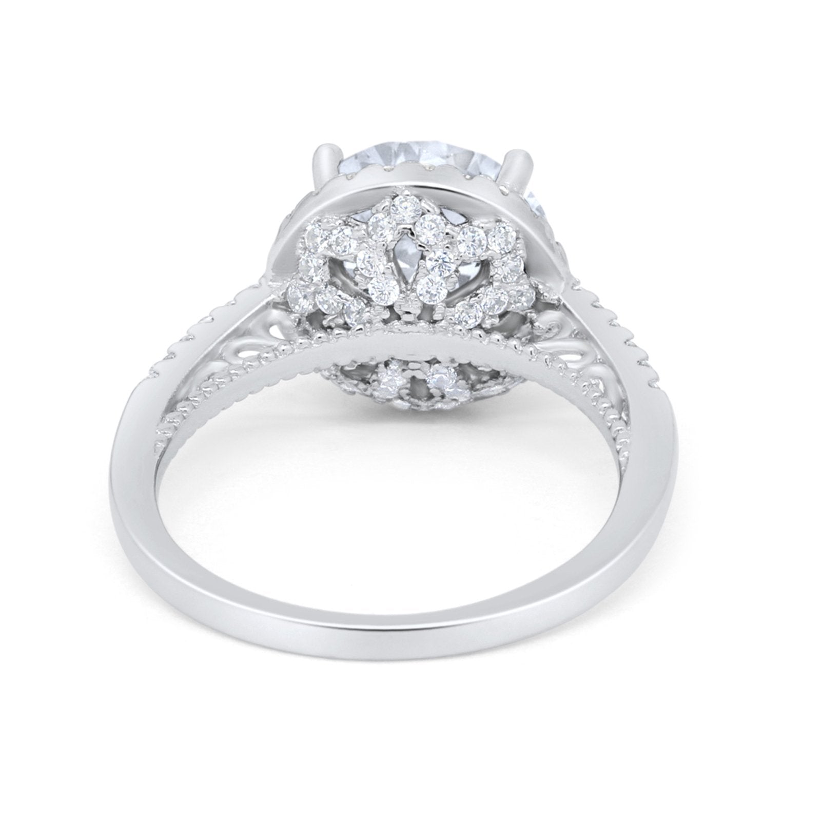 Halo Art Deco Engagement Bridal Ring Round Simulated CZ 925 Sterling Silver