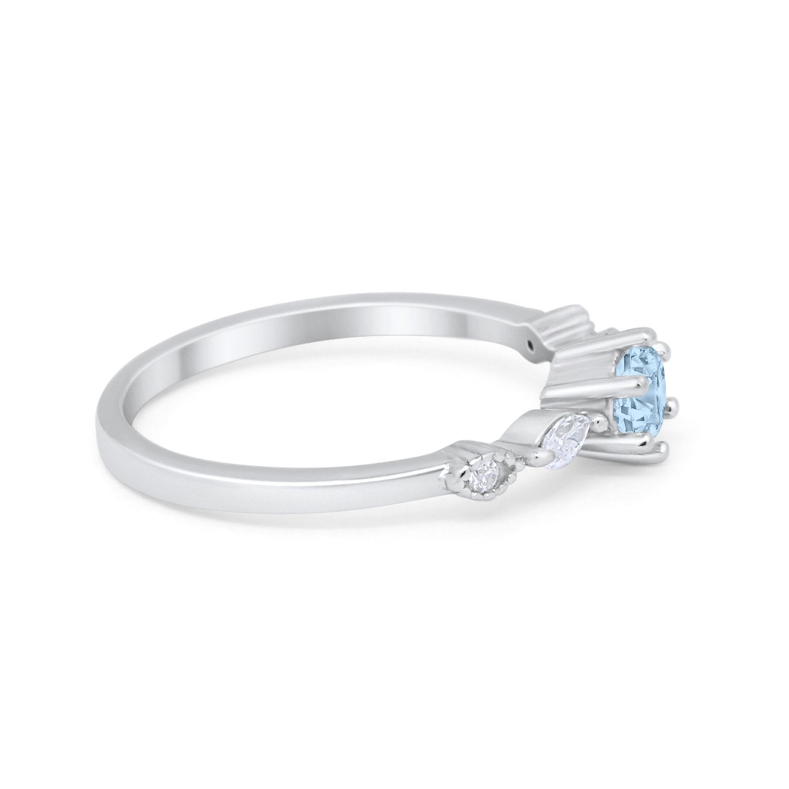 Petite Dainty Wedding Ring Round Simulated Aquamarine CZ 925 Sterling Silver