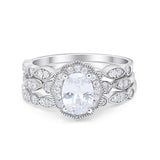Three Piece Wedding Bridal Ring Oval Simulated Cubic Zirconia 925 Sterling Silver