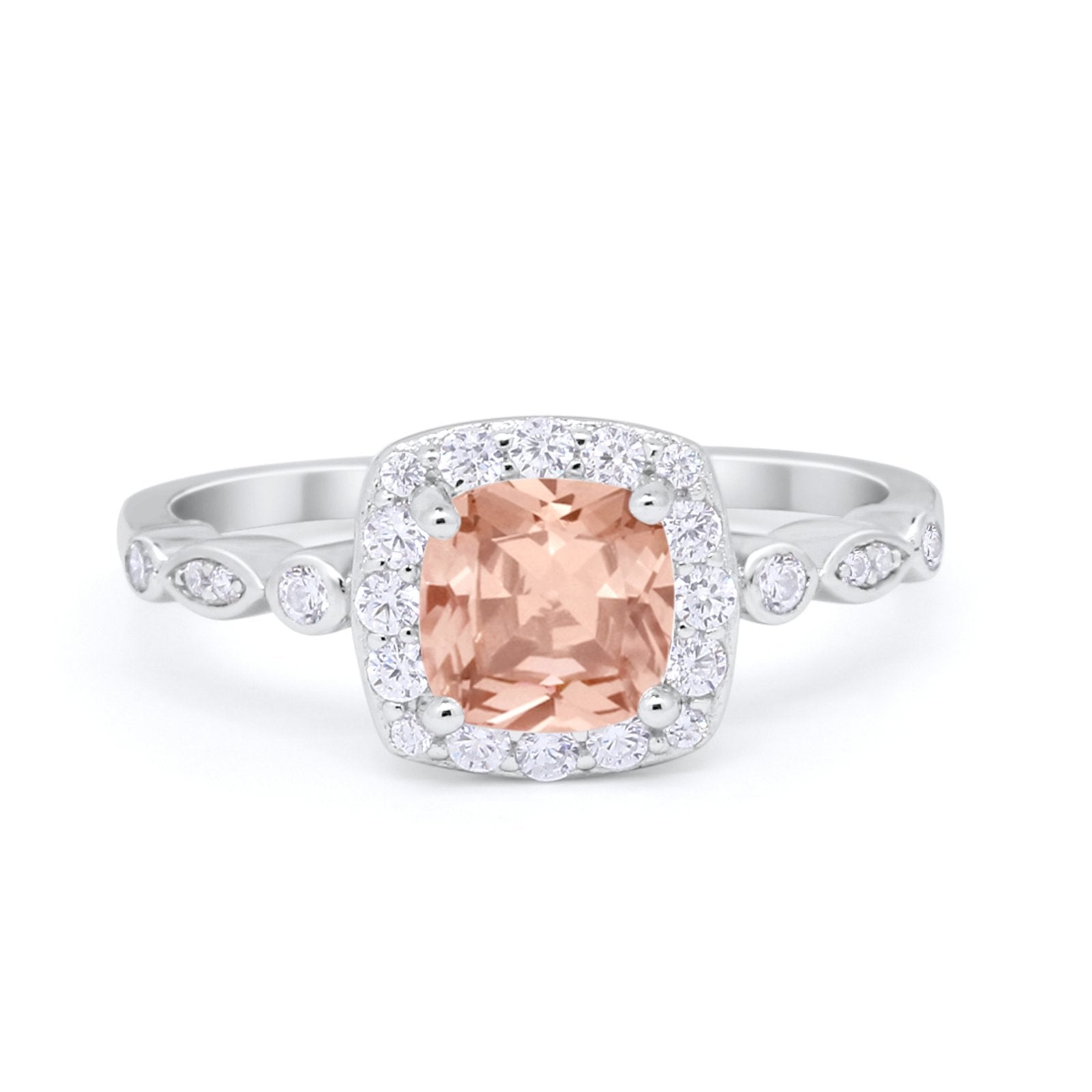 Halo Cushion Wedding Ring Bridal Simulated Morganite CZ 925 Sterling Silver