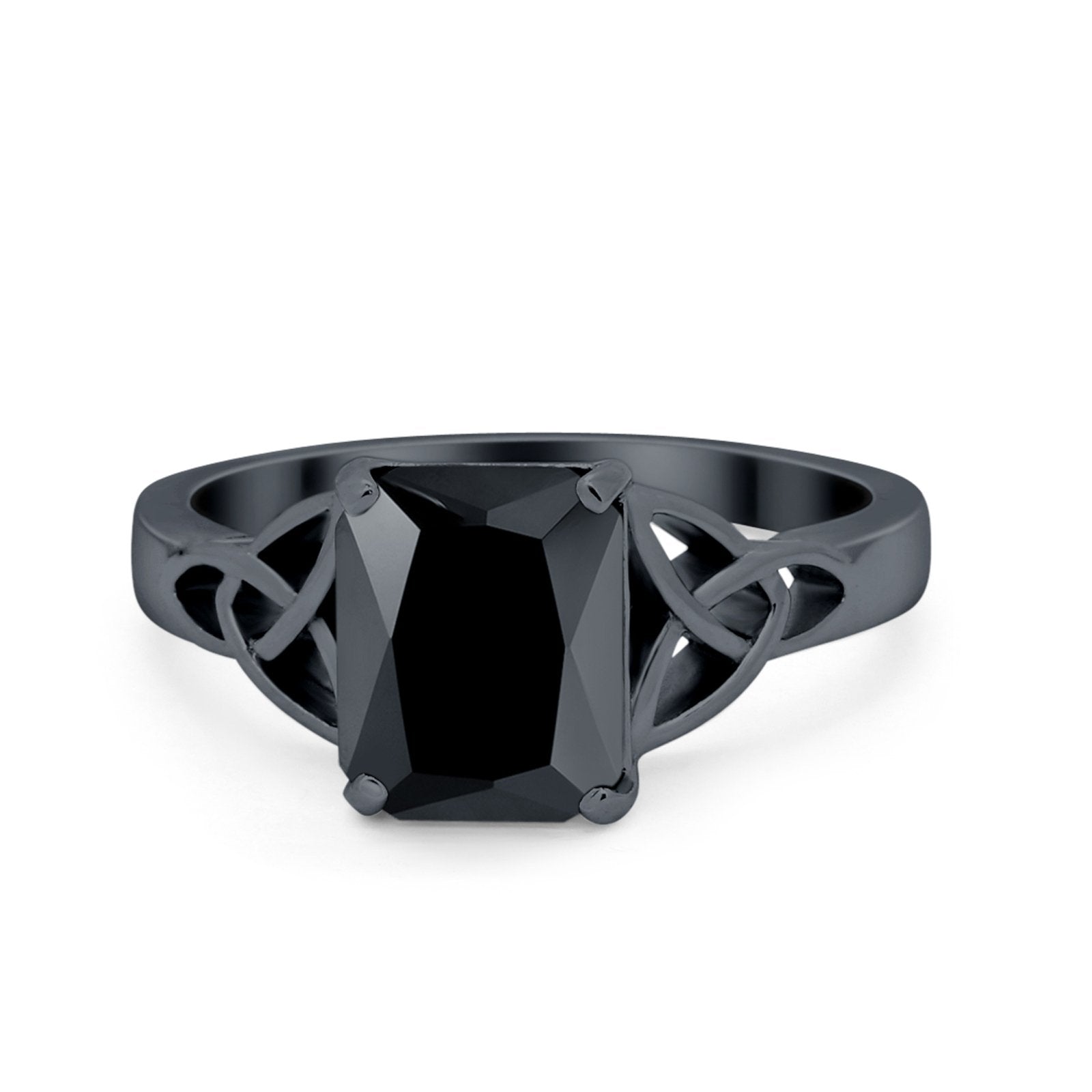 Celtic Engagement Ring Emerald Cut Black Tone, Simulated Black CZ 925 Sterling Silver