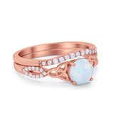 Celtic Wedding Ring Band Rose Tone, Lab Created White Opal 925 Sterling Silver