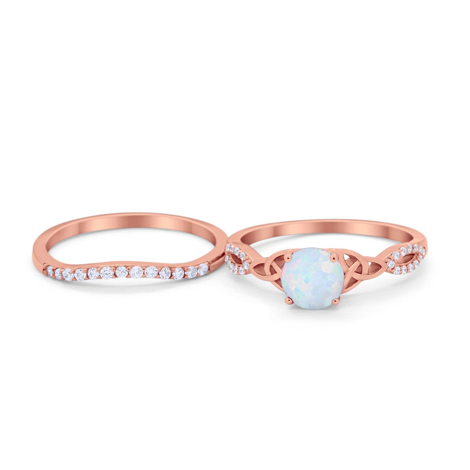 Celtic Wedding Ring Band Rose Tone, Lab Created White Opal 925 Sterling Silver
