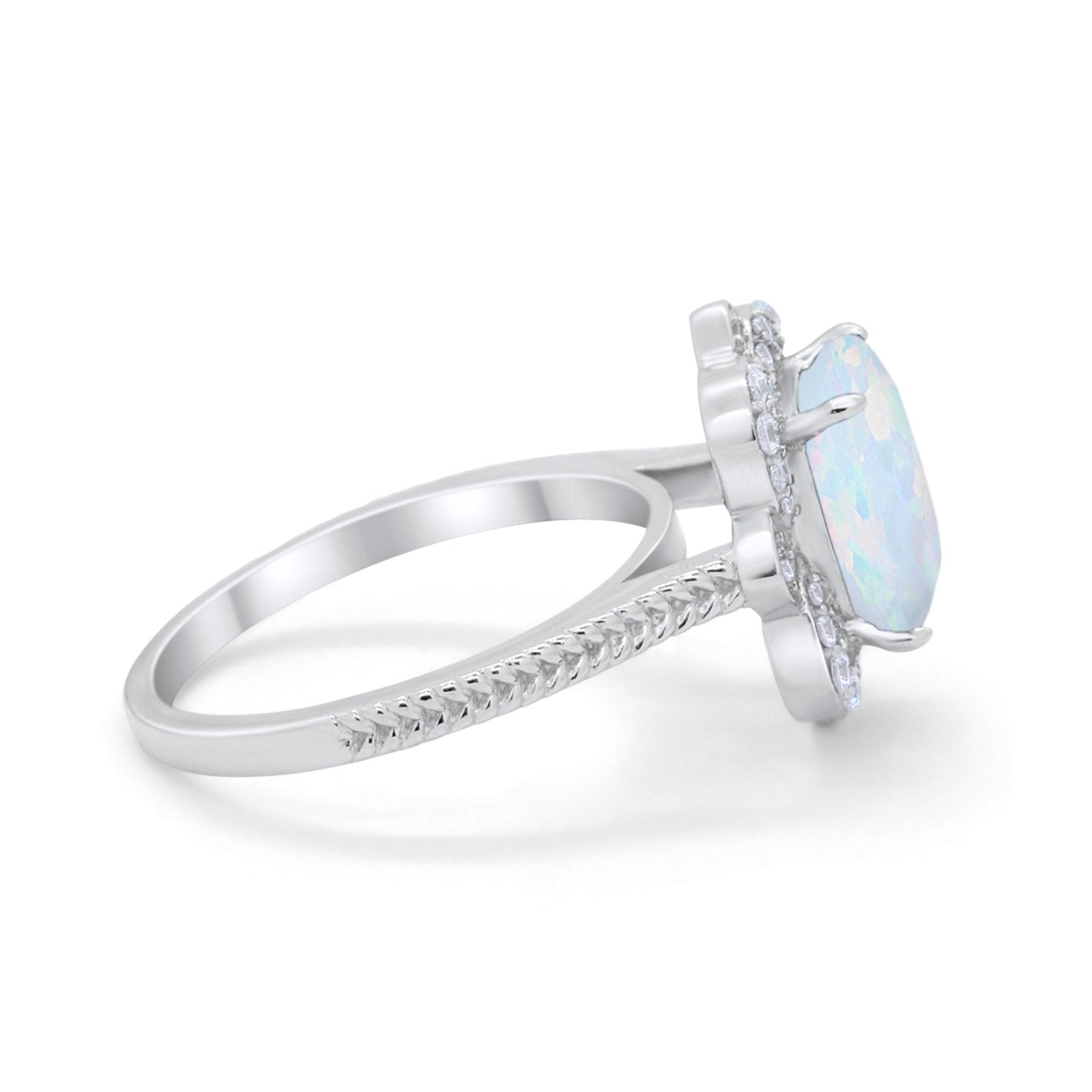 Halo Emerald Cut Engagement Ring Created White Opal 925 Sterling Silver