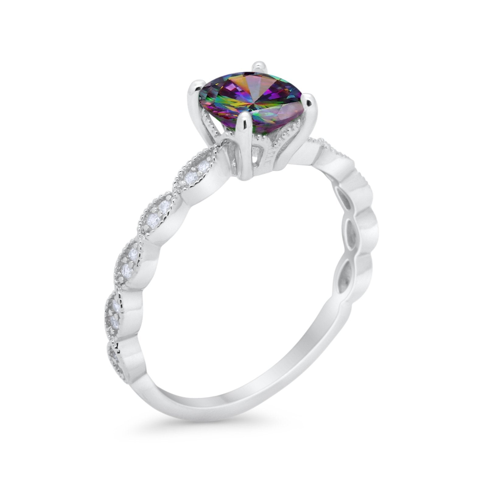 Vintage Style Wedding Bridal Ring Simulated Rainbow CZ 925 Sterling Silver