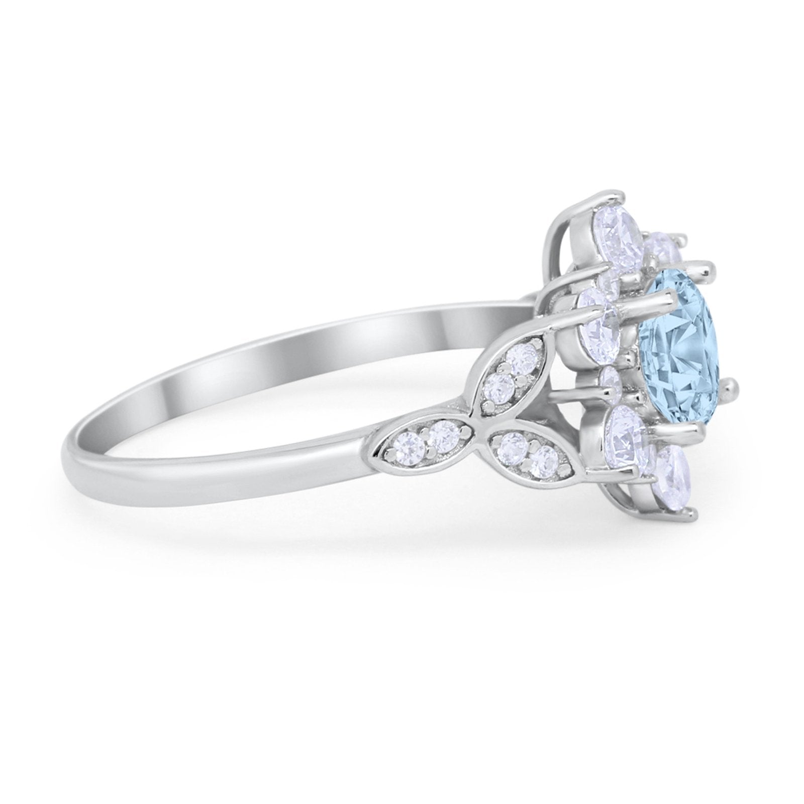 Floral Wedding Cluster Ring Simulated Aquamarine CZ 925 Sterling Silver